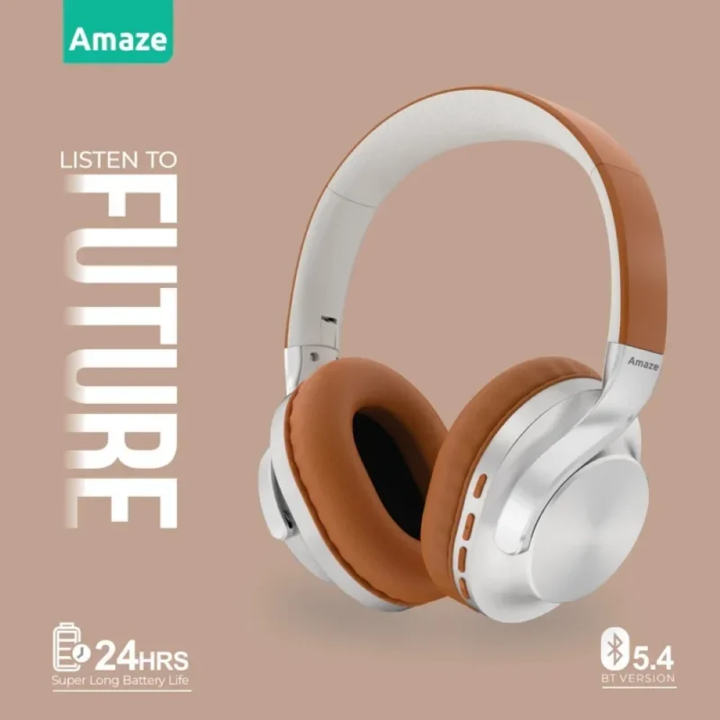 Amaze A650 Strong Base Wireless Headphone With 24hrs Time – Silver/Brown