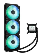 ASUS Prime LC 360 ARGB LCD all-in-one CPU liquid cooler with sharp screen showcasing CPU & GPU information with different background, high-performance Asetek pump armed with robust motor, daisy-chainable fans