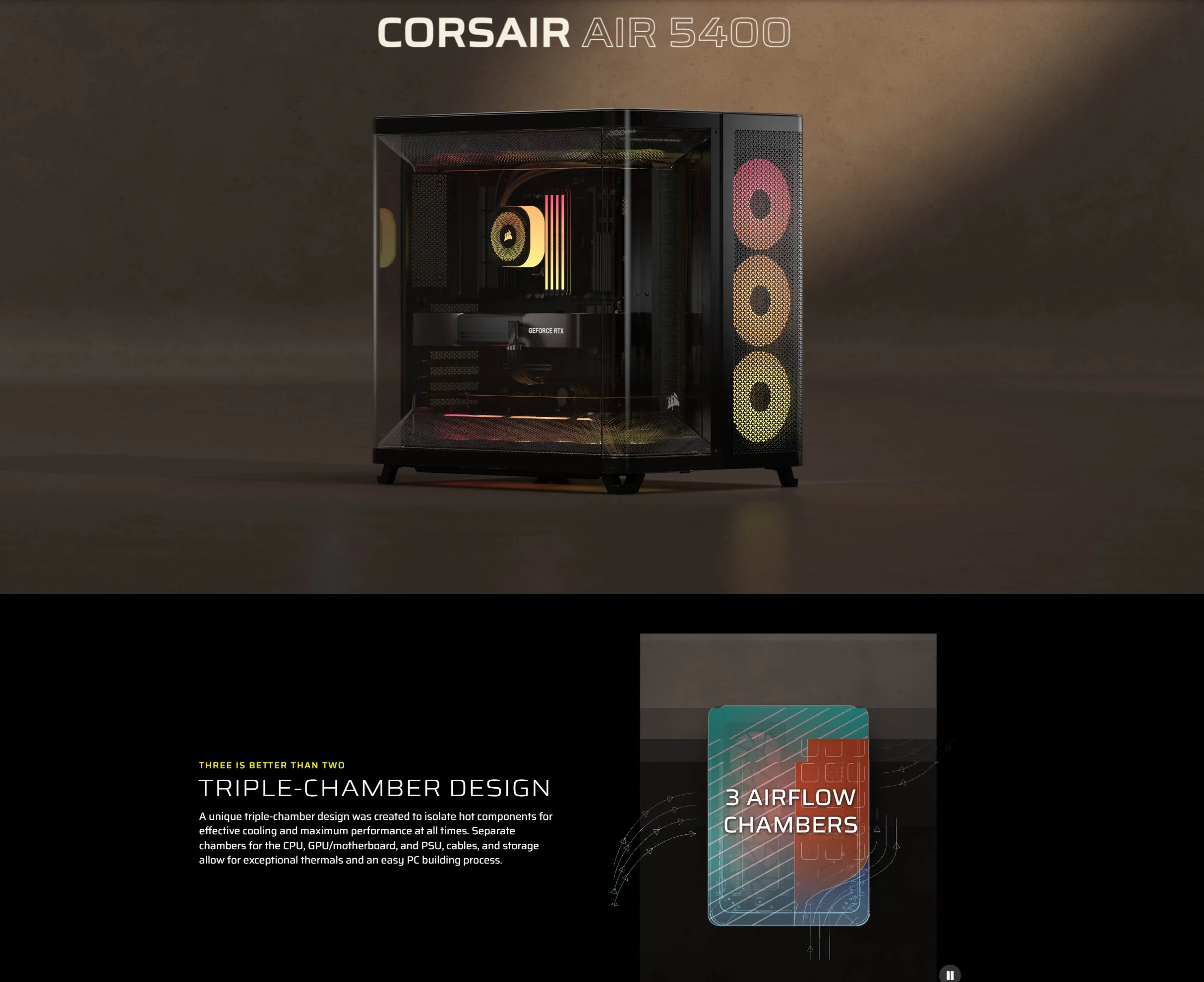 Corsair AIR 5400 RS-R ARGB Triple Chamber Mid-Tower Computer Case 3x RS-R 120mm Pre-Installed Fans Up to 360mm Radiator & 10x Fan Support Tempered Glass Panel Black - spec 1 - MegaComputer.pk