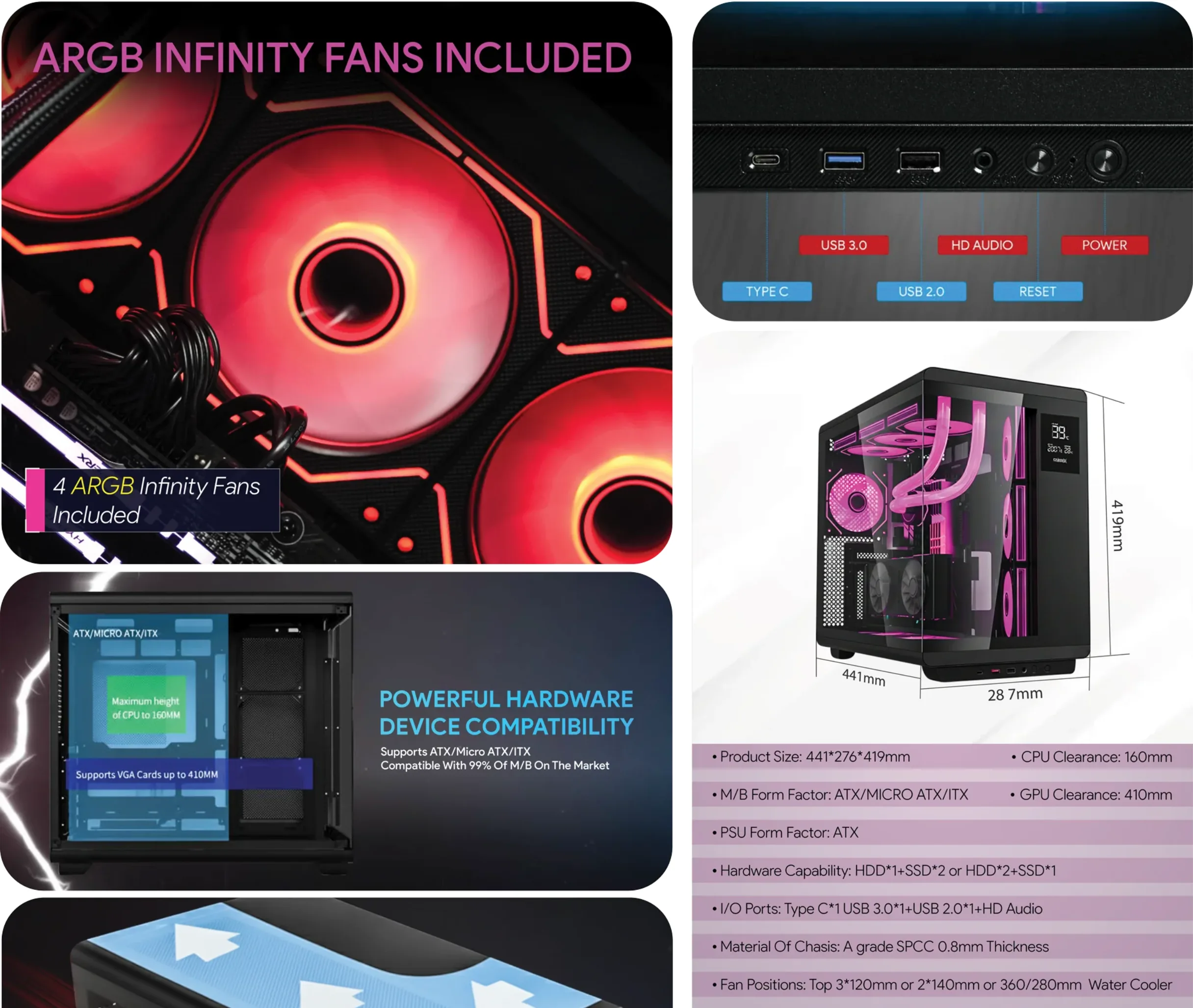 CrystalX CyberVision U600B-N Mid Tower Gaming Case Black - spec 1 - MegaComputer.pk