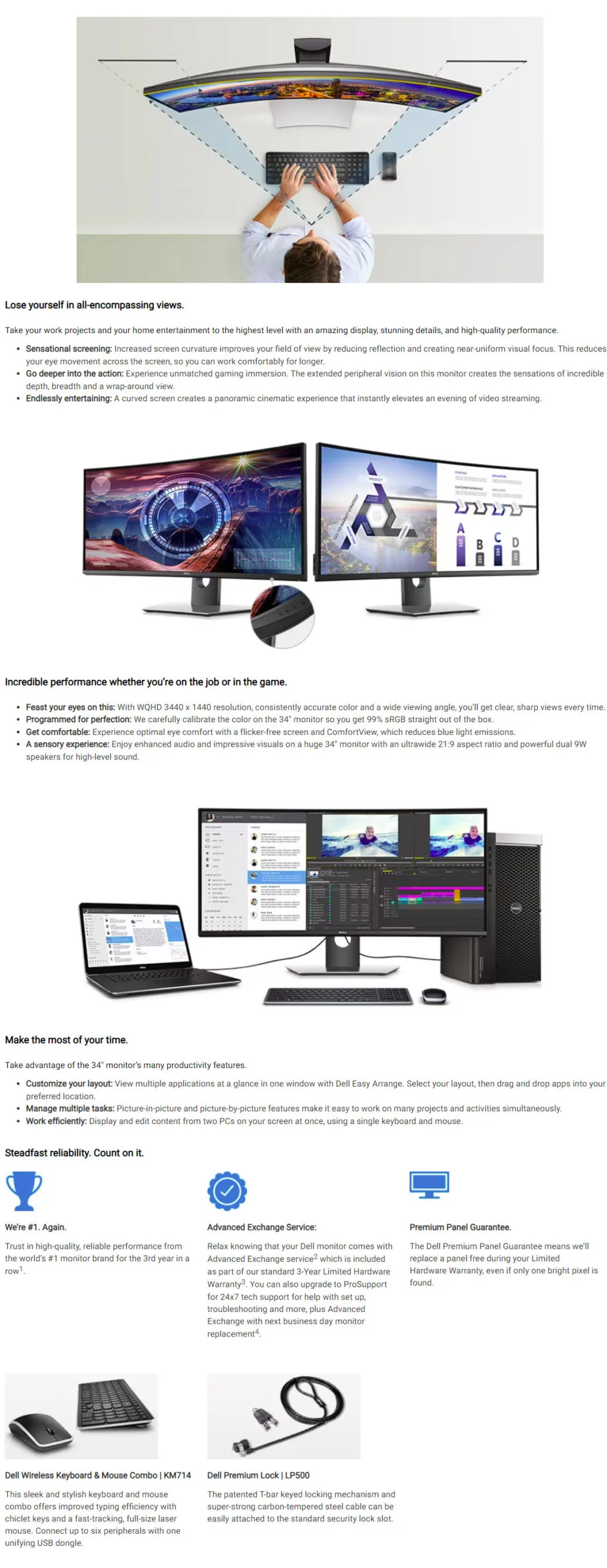 Dell UltraSharp U3417W 34” UltraWide QHD Curved IPS Monitor (sRGB & DCI-P3 Color Accurate) with Built-in Speakers + MXG 