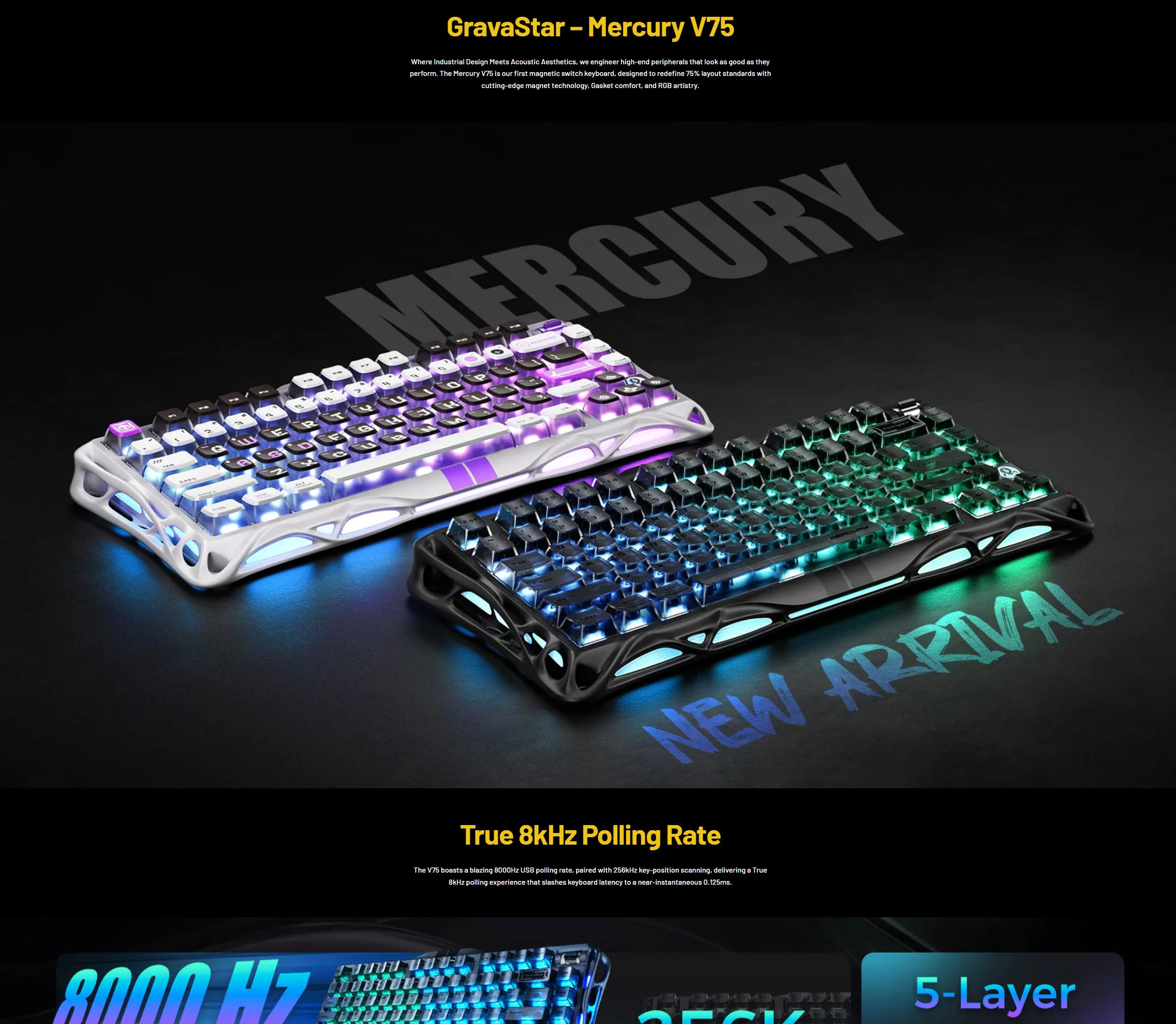 GravaStar Mercury V75- HE Gaming Keyboard 75% Layout Jade Pro Switch 8kHz Polling Rate Semi-Aluminum Construction Dynamic Rapid Trigger Mecha Gray - spec 1 - MegaComputer.pk