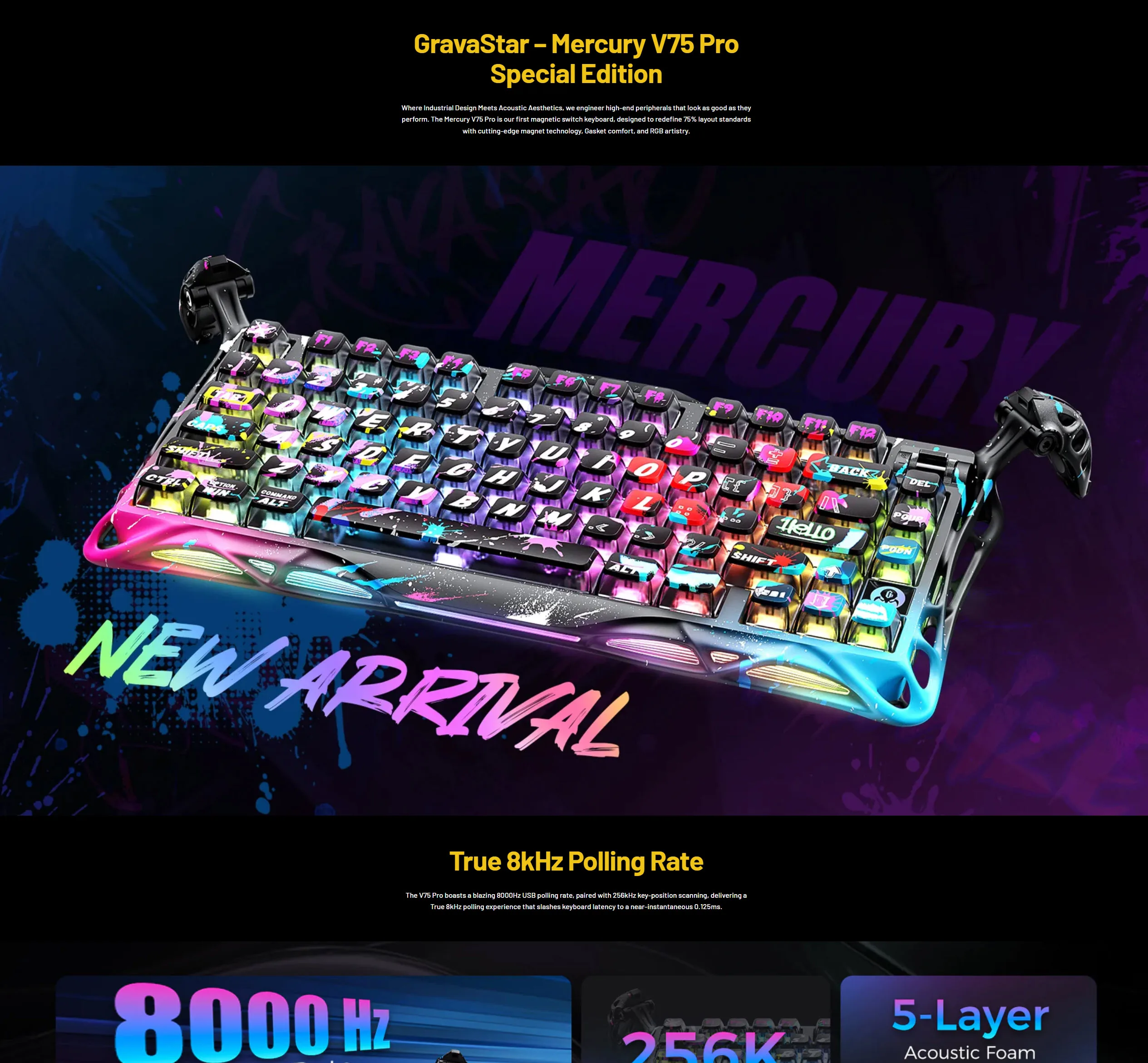 GravaStar Mercury V75 Pro Gaming Keyboard Special Edition 75% Layout Jade Gaming Switch 8kHz Polling Rate Semi-Aluminum Construction Dynamic Rapid Trigger Neon Graffiti - spec 1 - MegaComputer.pk