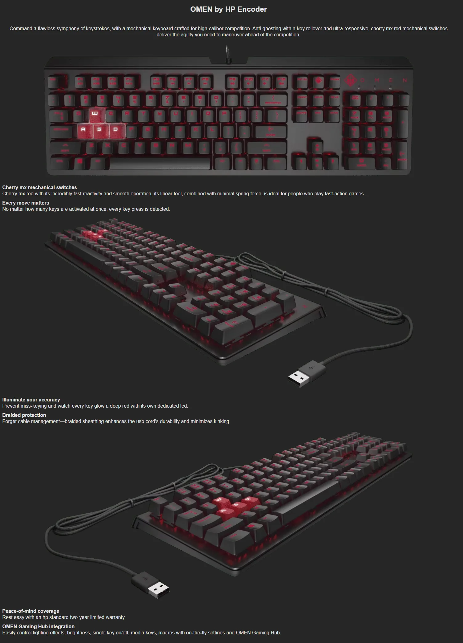 HP Omen Encoder Mechanical Gaming Wired Keyboard, Full-Size, Cherry MX Red Switches, Anti-Ghosting with N-key Rollover,