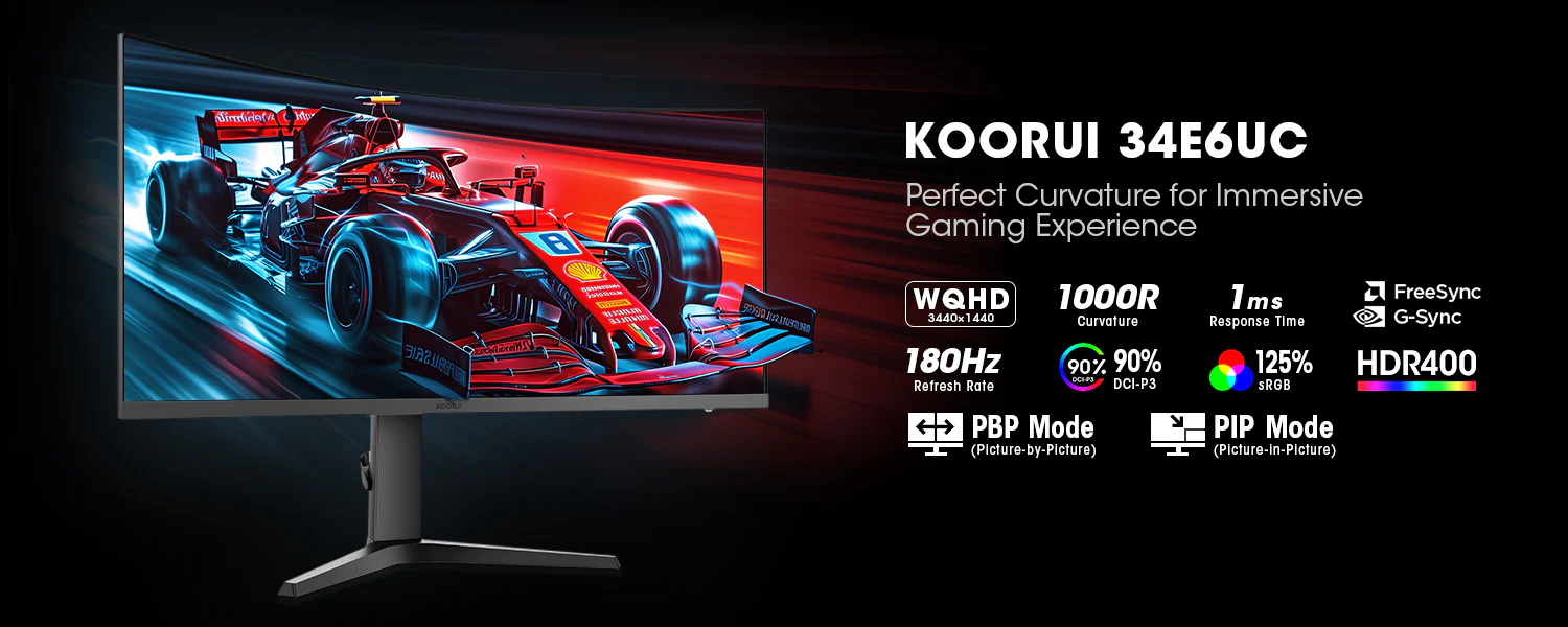 KOORUI 34E6UC 34' 165Hz 1ms VA WQHD Curved 1000R, 100% SRGB, 90% DCI-P3, HDR 400 21:9 Aspect Ratio, FreeSync/G-Sync Tech