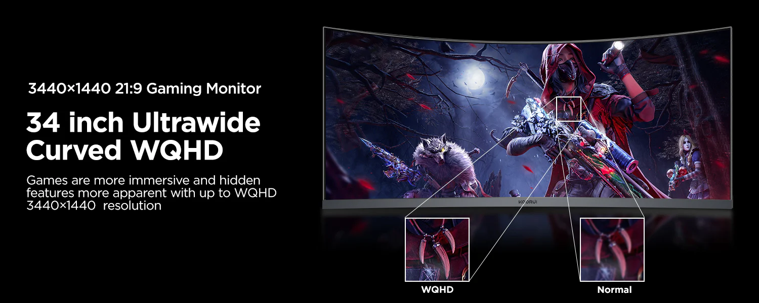 KOORUI 34E6UC 34' 165Hz 1ms VA WQHD Curved 1000R, 100% SRGB, 90% DCI-P3, HDR 400 21:9 Aspect Ratio, FreeSync/G-Sync Tech