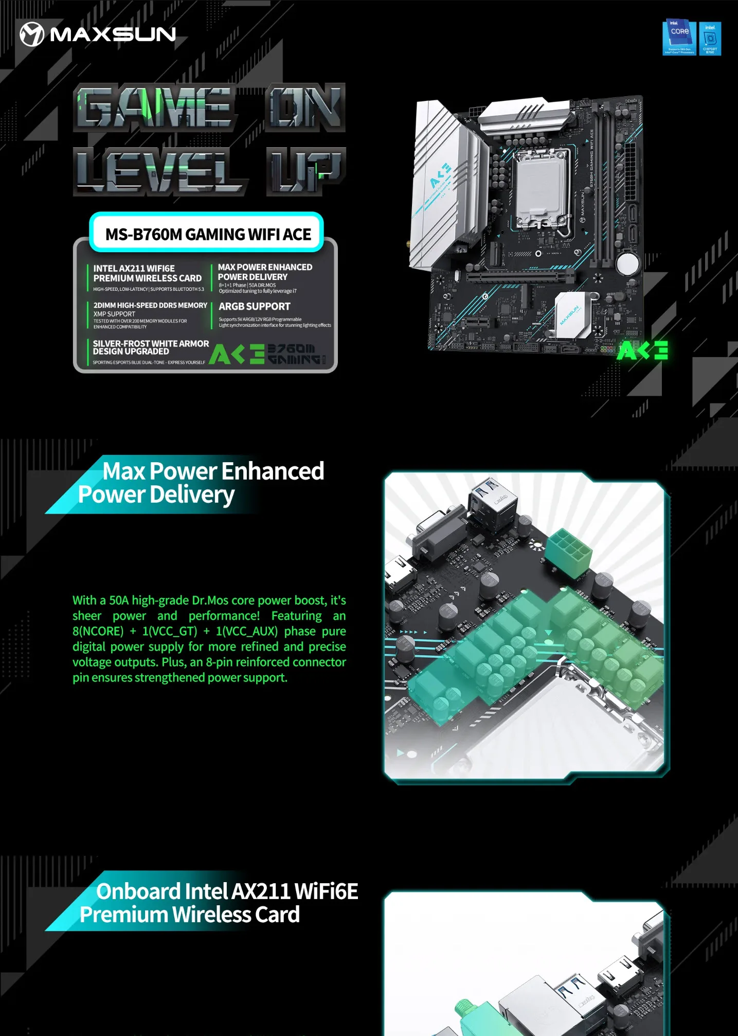 Maxsun B760M GAMING WIFI ACE-D5 DDR5 Intel Micro-ATX Motherboard - spec 1 - MegaComputer.pk