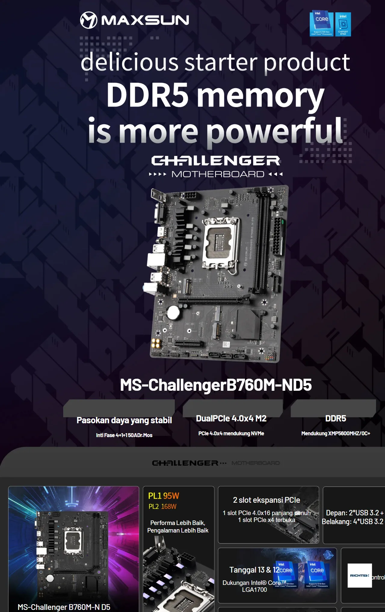 Maxsun Challenger B760M-N D5 V2 Intel 12/13th Gen microATX Motherboard - spec 1 - MegaComputer.pk