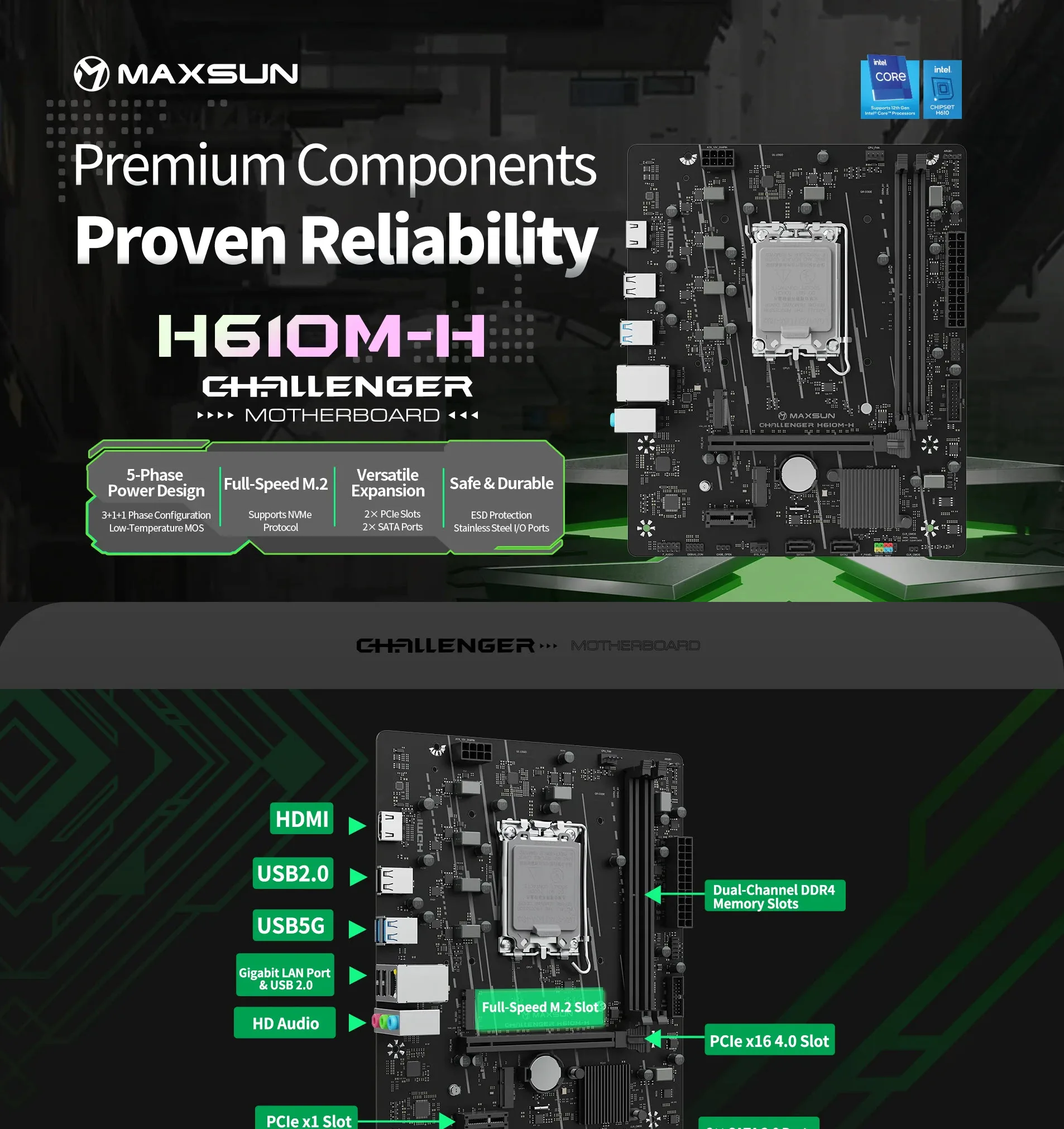 Maxsun Challenger H610M-H V1 DDR4 Intel 12/13/14th Gen microATX Motherboard - spec 1 - MegaComputer.pk