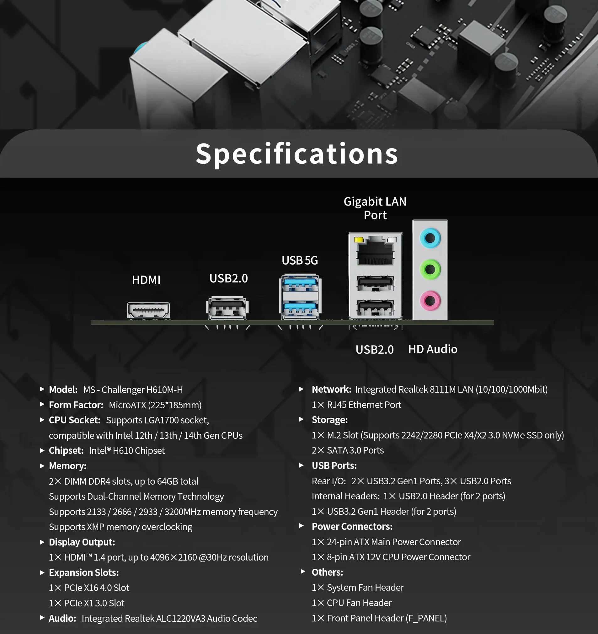 Maxsun Challenger H610M-H V1 DDR4 Intel 12/13/14th Gen microATX Motherboard - spec 4 - MegaComputer.pk