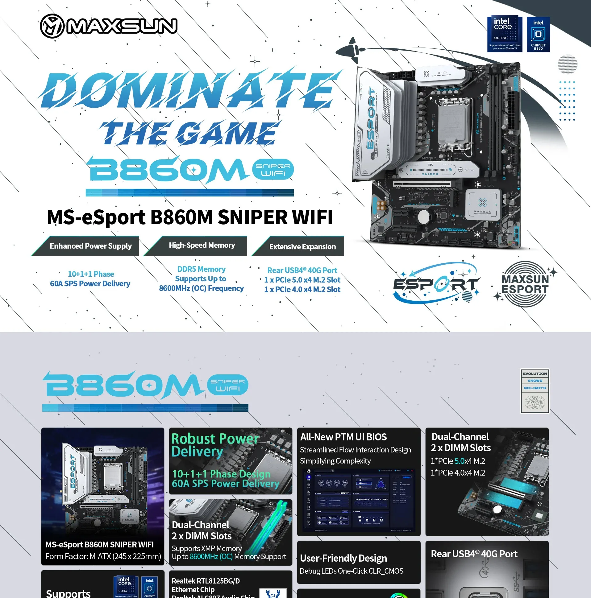 Maxsun eSport B860M Sniper Wifi DDR5 Intel Ultra Series 2 microATX Motherboard - spec 1 - MegaComputer.pk