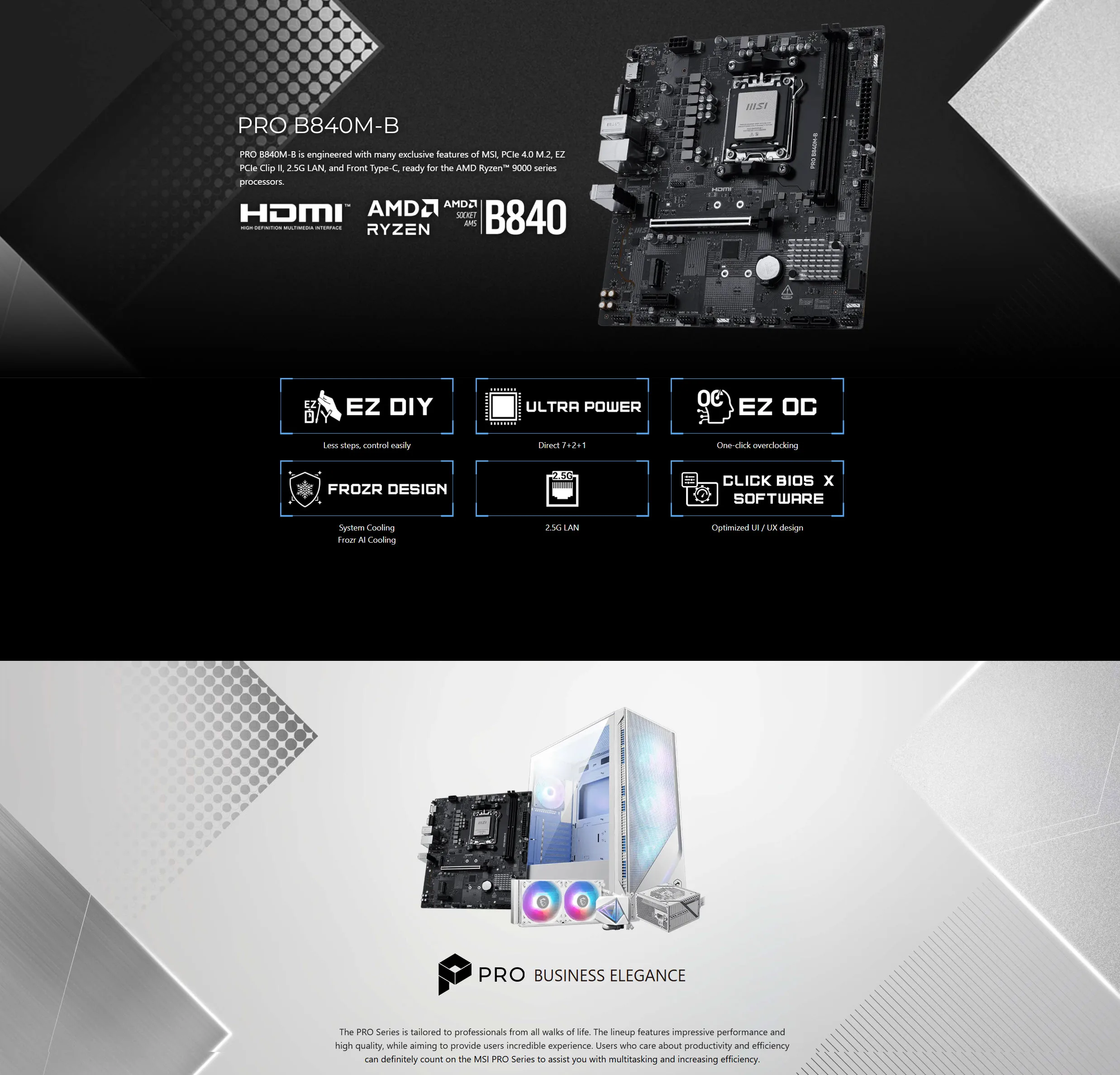 MSI PRO B840M-B High-Performance DDR5 Motherboard for Ryzen 9000/8000/7000 Series - spec 1 - MegaComputer.pk