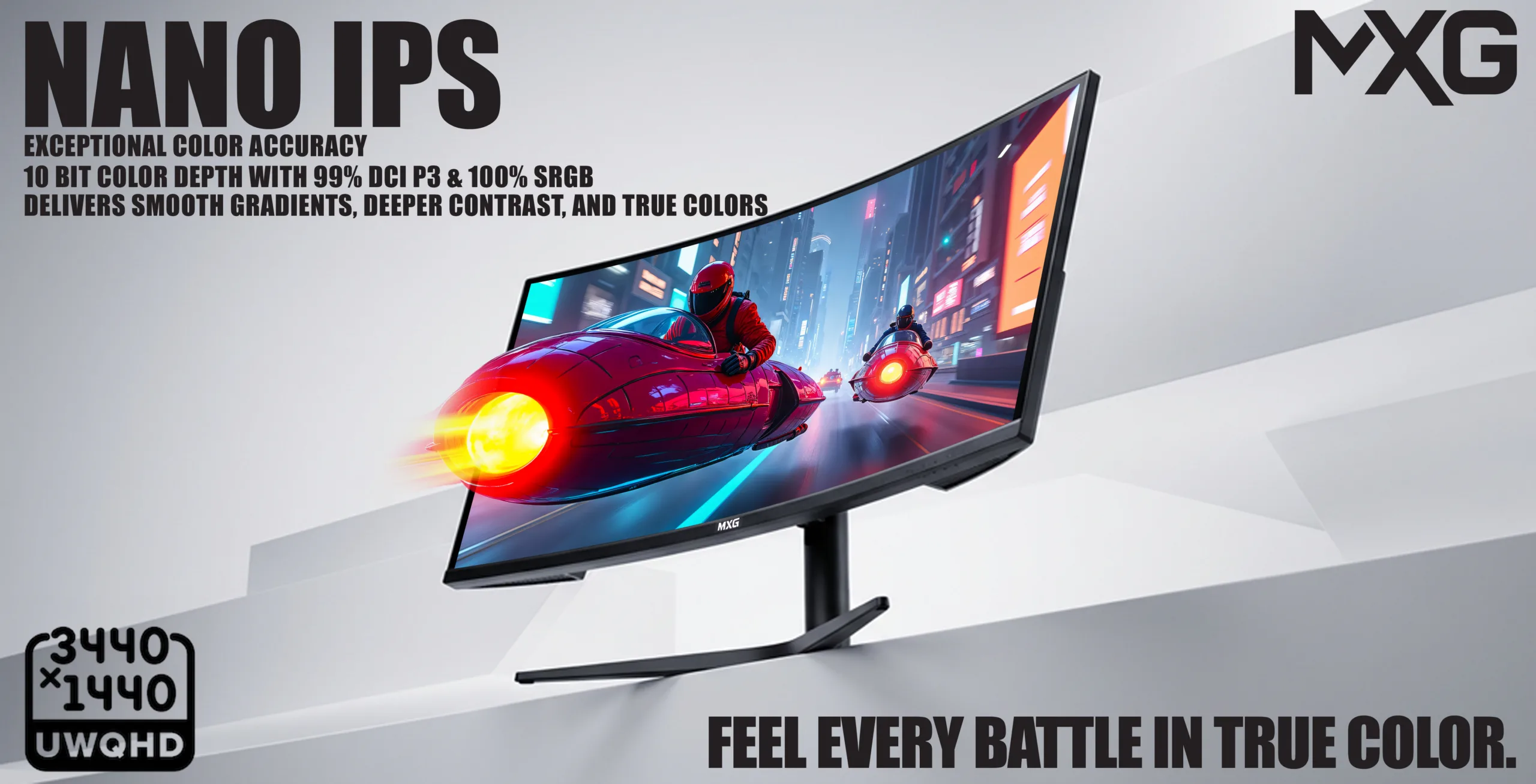 MXG G34WIC-65 | 34' Curved Nano IPS Ultrawide 165Hz Display – 10-Bit Color, 99% DCI-P3 / 100% sRGB, G-Sync + FreeSync, H