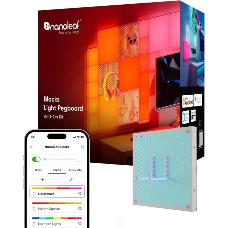 Nanoleaf Blocks Expansion Kit 1 Backlit Pegboard (Requires Starter Kit) with 2 Sturdy Pegboard Hooks RGBW Wall Lights Display Keyboards Controllers Screw Mounted Only (Screws Included)
