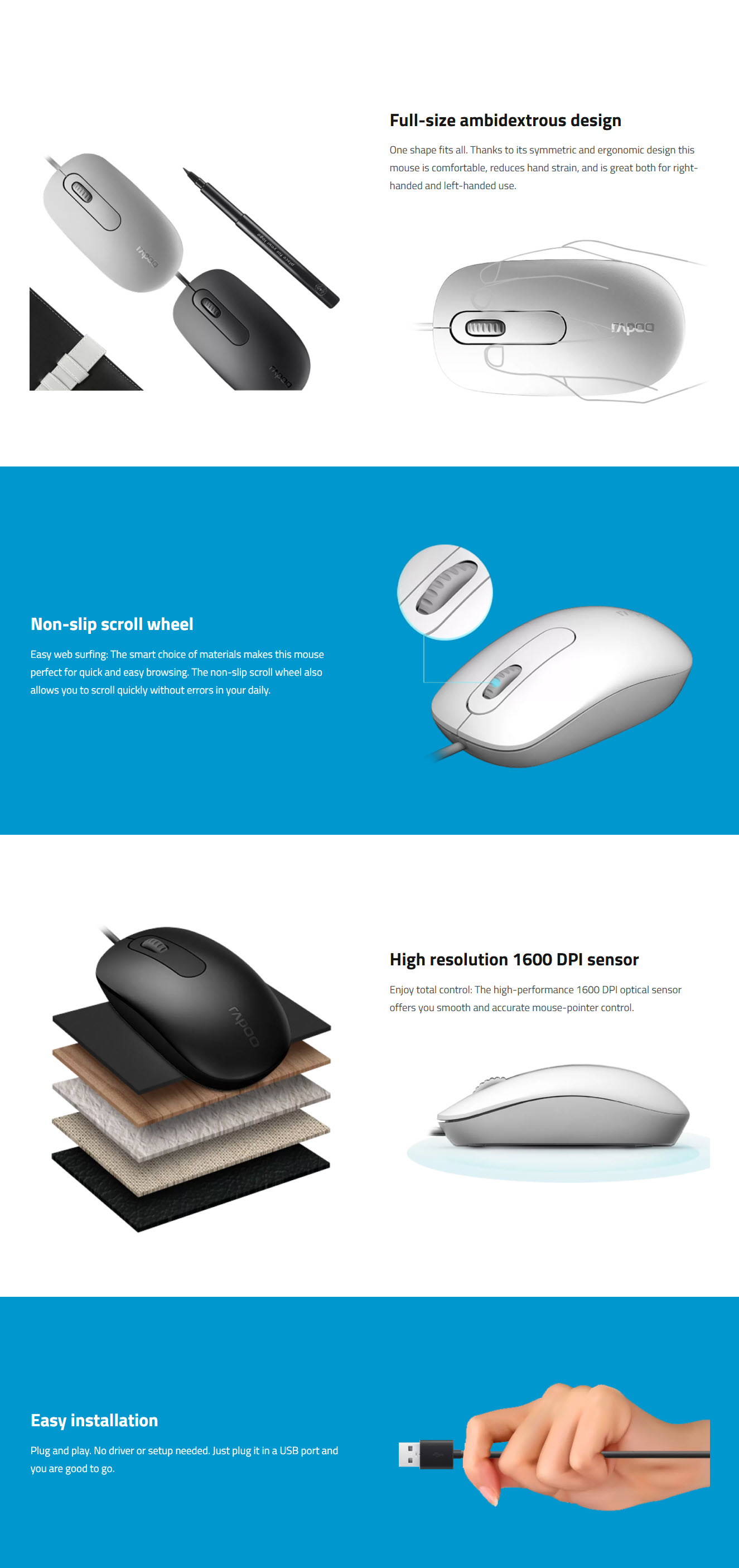 RAPOO N200 Wired Optical Mouse - Black