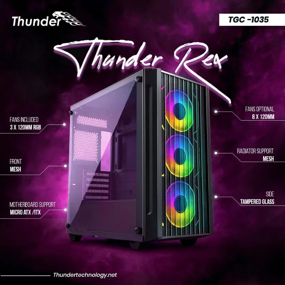 thunder-rex-matx-itx-pc-case-with-3x-infinity-argb-fans-fron Thunder Rex mATX/ITX PC Case with 3x infinity ARGB Fans (front mesh)