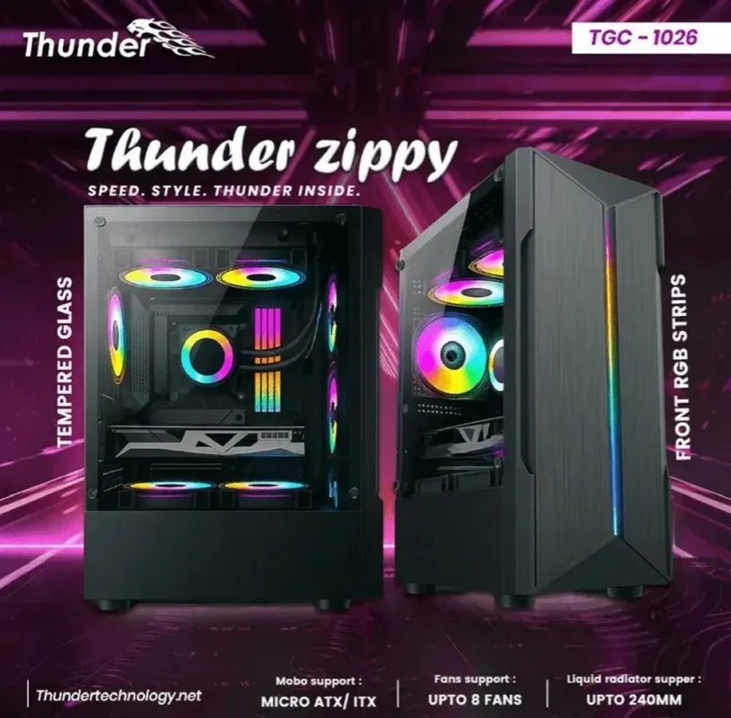 Thunder Zippy PC Case m-ATX/ITX With 1x RGB Fan And Front ARGB Strip – Black