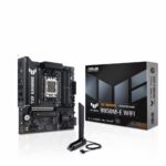 ASUS TUF GAMING B850M-E WIFI AMD B850 mATX motherboard 8+2+1 80A DrMOS power stages DDR5 PCIe 5.0 three M.2 slots WiFi 6E 2.5Gb Ethernet DisplayPort HDMI rear USB-C 10Gbps and front USB-C 5Gbps