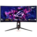 Asus ROG Swift OLED PG34WCDM gaming monitor 34-inch (33.9 inch viewable, 3440 x 1440) 800R curved OLED panel 240 Hz 0.03 ms (GTG) response time G-SYNC® compatible custom heatsink uniform brightness ROG Smart KVM 90 W Type-C® and ASUS DisplayWidget Center