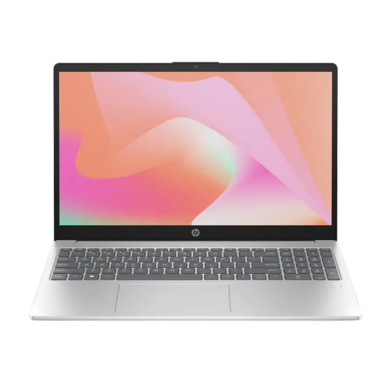 Open HP laptop on a white background, silver body with dark keyboard and colorful gradient screen.