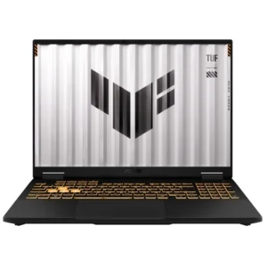 Open ASUS laptop with gold-backlit keyboard; screen shows a white corrugated background and a large black geometric logo.