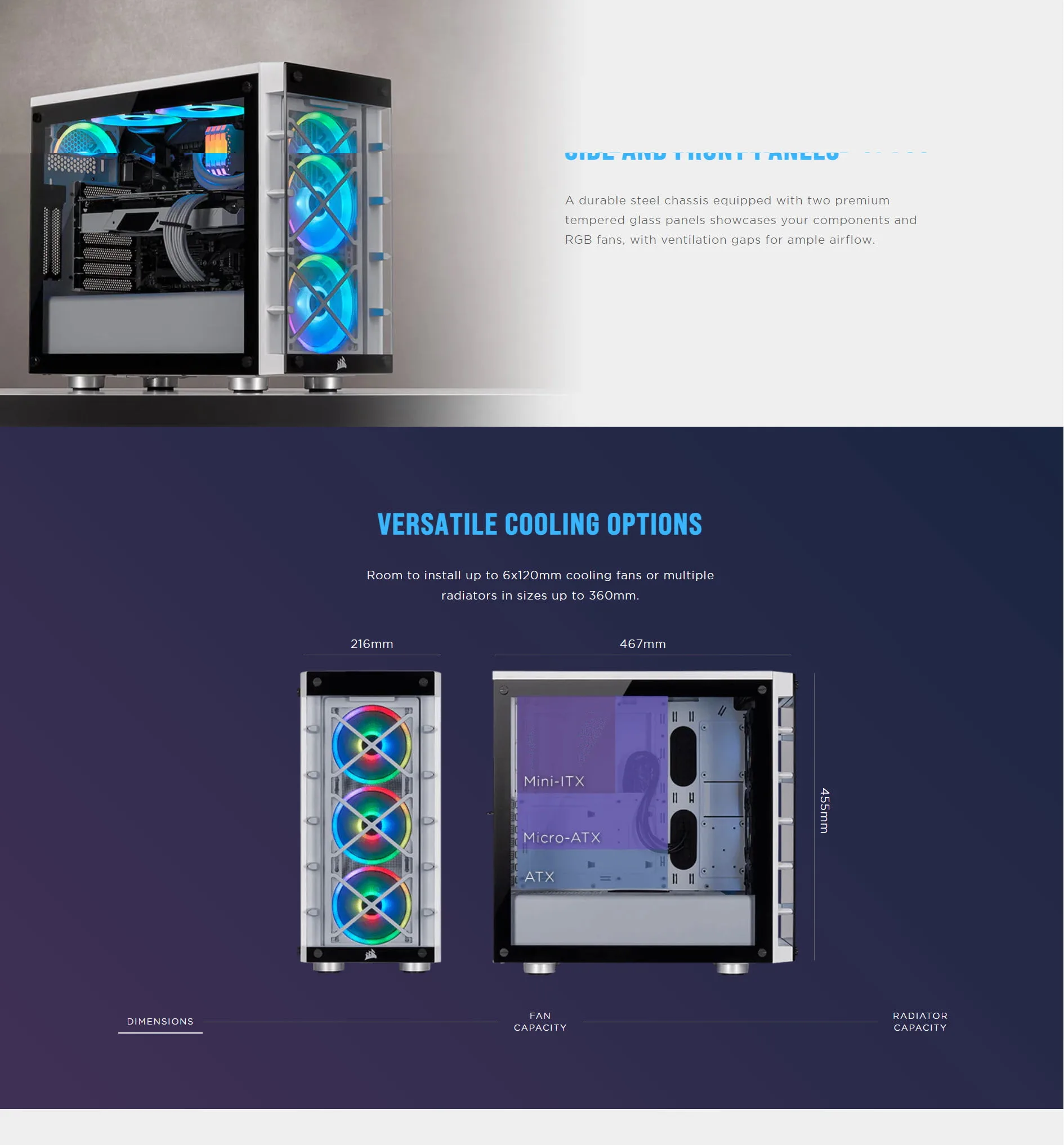 Corsair Crystal iCUE 465X RGB White Steel / Plastic / Tempered Glass ATX Mid Tower Computer Case - spec 1 - MegaComputer.pk