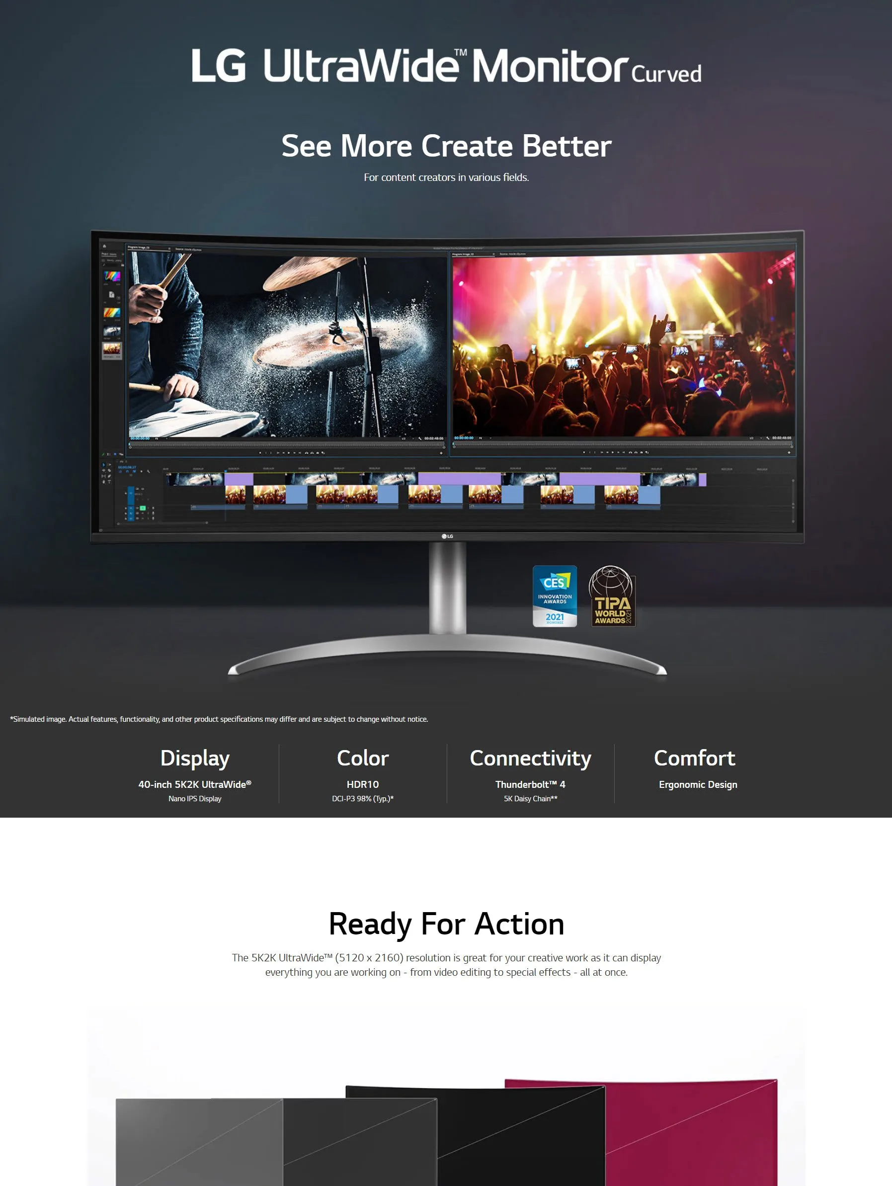 LG 40WP95C-W 40” UltraWide Curved WUHD (5120 x 2160) 5K2K Nano IPS Computer Monitor, DCI-P3 98% (Typ.) HDR10, Thunderbolt 4 w/ 96W PD, 3-Side Virtually Borderless Design Tilt/Height/Swivel Stand,Black - spec 1 - MegaComputer.pk