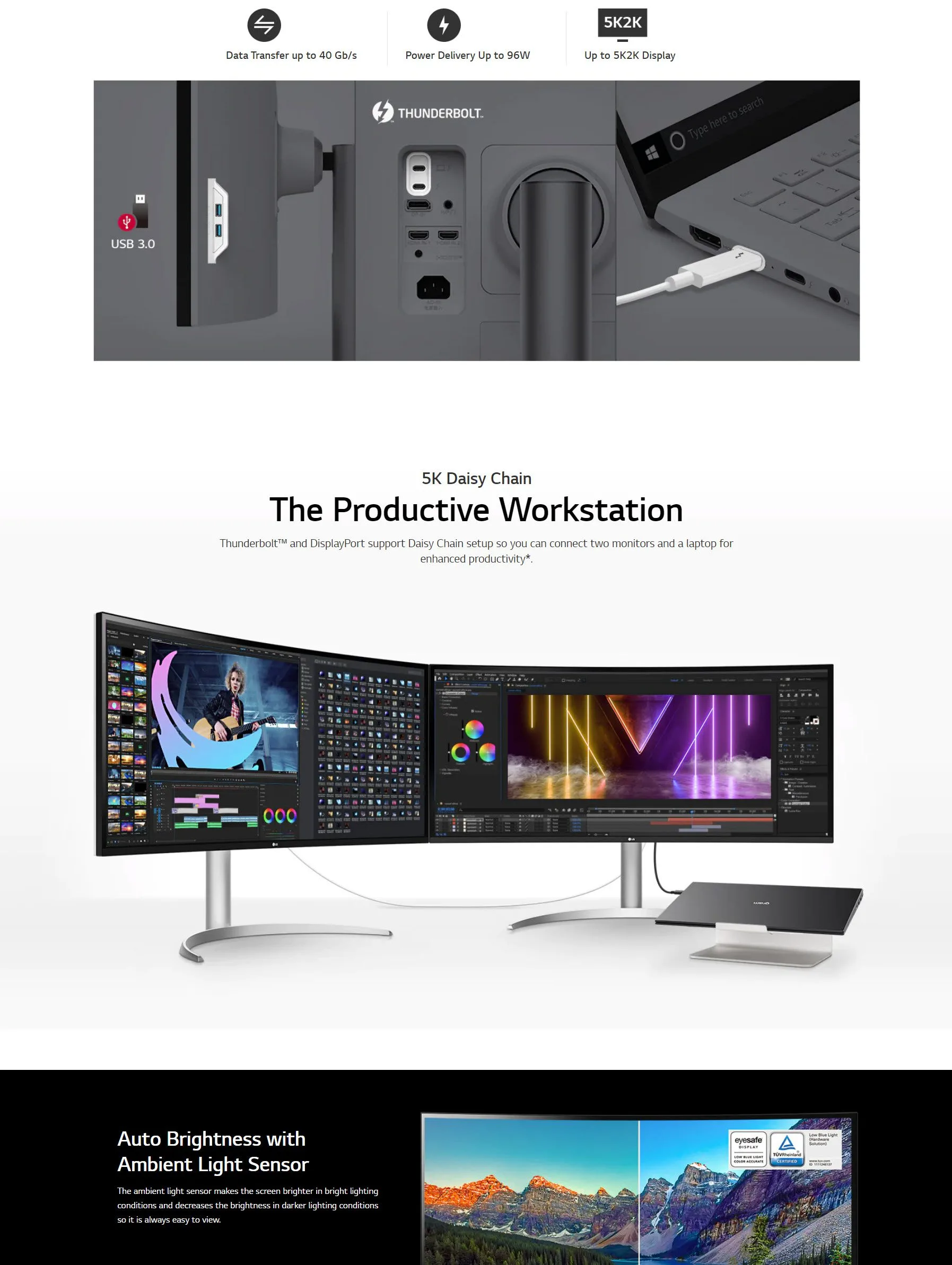 LG 40WP95C-W 40” UltraWide Curved WUHD (5120 x 2160) 5K2K Nano IPS Computer Monitor, DCI-P3 98% (Typ.) HDR10, Thunderbolt 4 w/ 96W PD, 3-Side Virtually Borderless Design Tilt/Height/Swivel Stand,Black - spec 3 - MegaComputer.pk