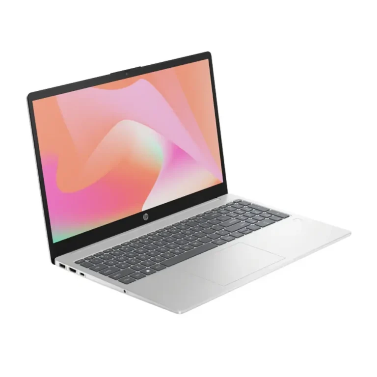 Silver HP laptop open with a colorful abstract wallpaper on the screen. (angled view)