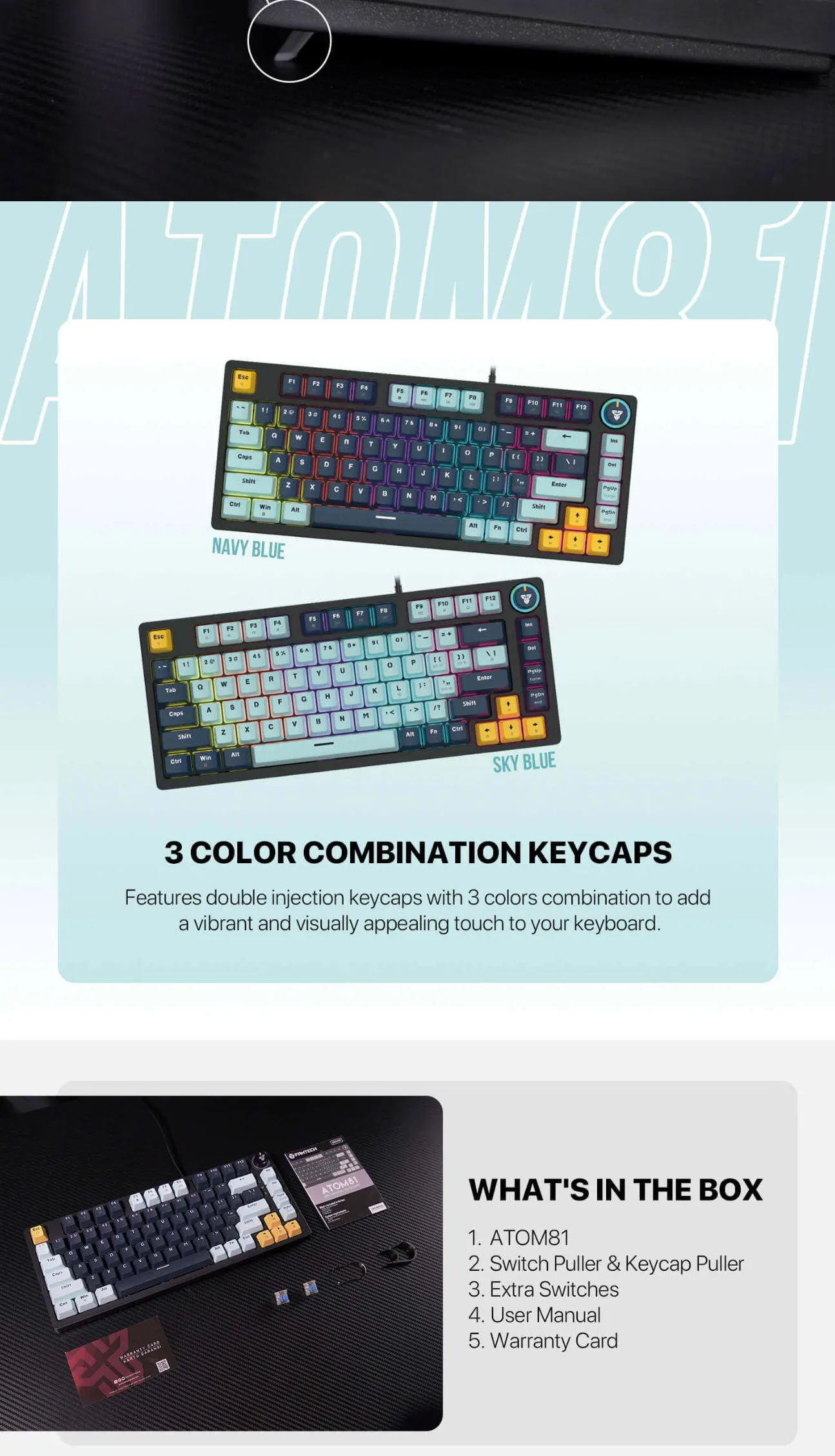 Fantech Atom 81 MK875V2 RGB Mizu Edition Mechanical Gaming Keyboard - Navy Blue (Blue Switches) - spec 2 - MegaComputer.pk