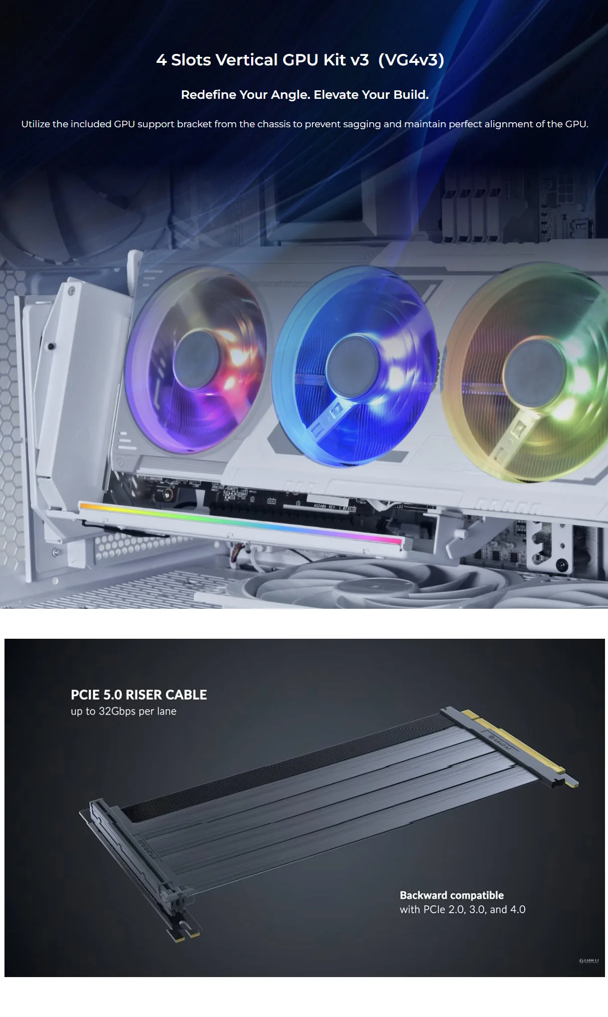 Lian Li 4-slot Vertical GPU Kit v3 with ARGB PCIe 5.0 Riser White - spec 1 - MegaComputer.pk
