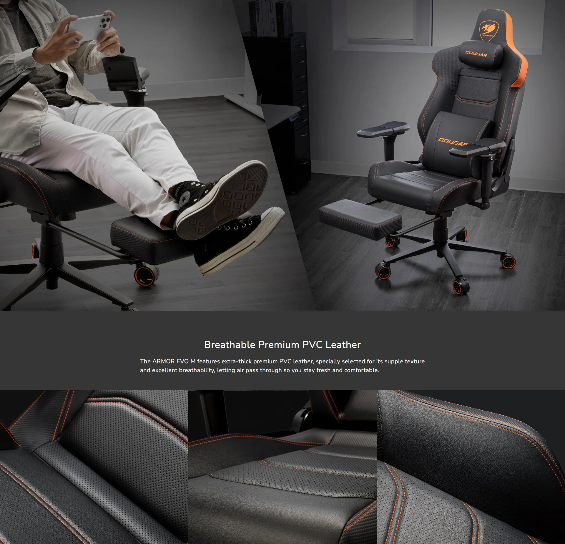 Cougar Armor Evo M PVC Leather, 5D Adjustable Armrest, Lumbar Cushion Gaming Chair Black/Gold - spec 1 - MegaComputer.pk