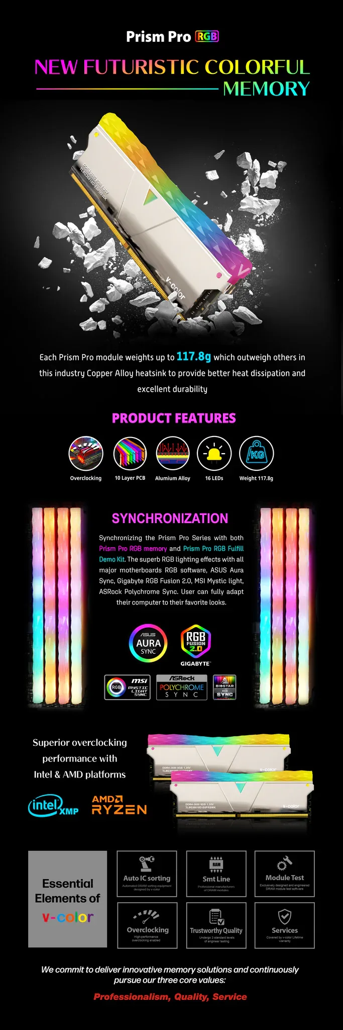 V-Color Prism Pro RGB 16GB(8GBx2)DDR4 DRAM 3600MHz CL16 Memory Kit - Silver Copper Alloy