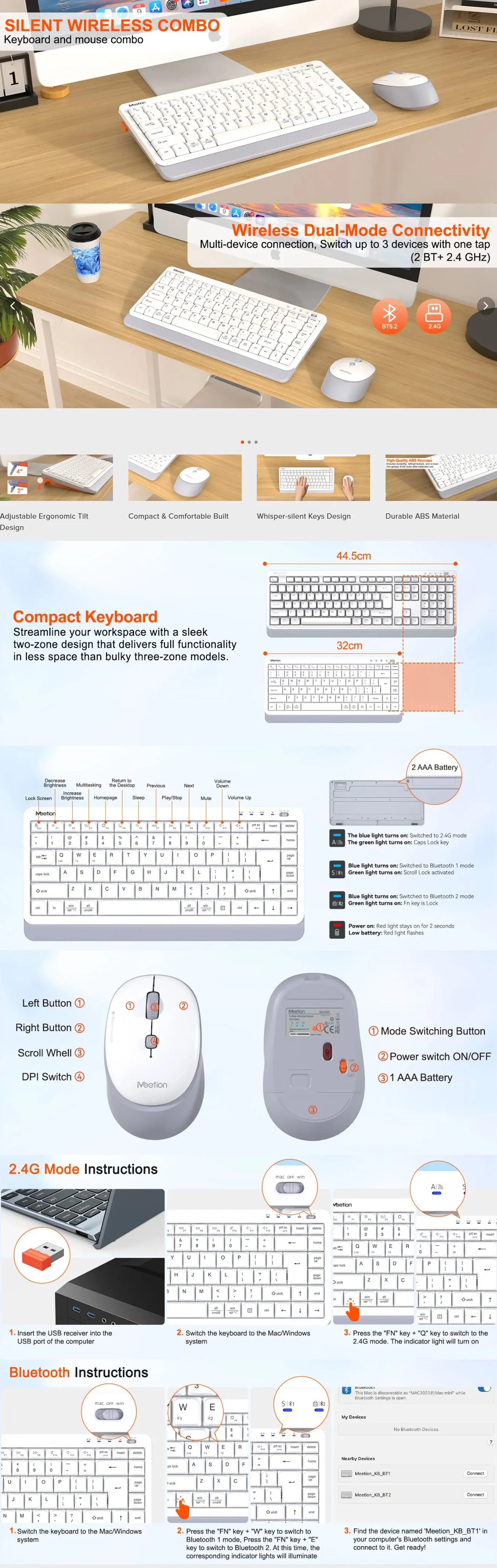 Meetion MINI5000 Wireless Dual-Mode Mini Office keyboard & Mouse Combo - White