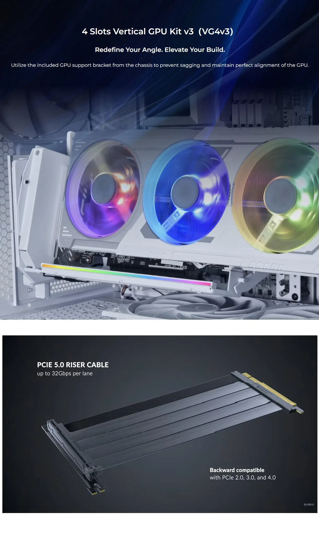 Lian Li 4-slot Vertical GPU Kit v3 with ARGB PCIe 5.0 Riser Black - spec 1 - MegaComputer.pk