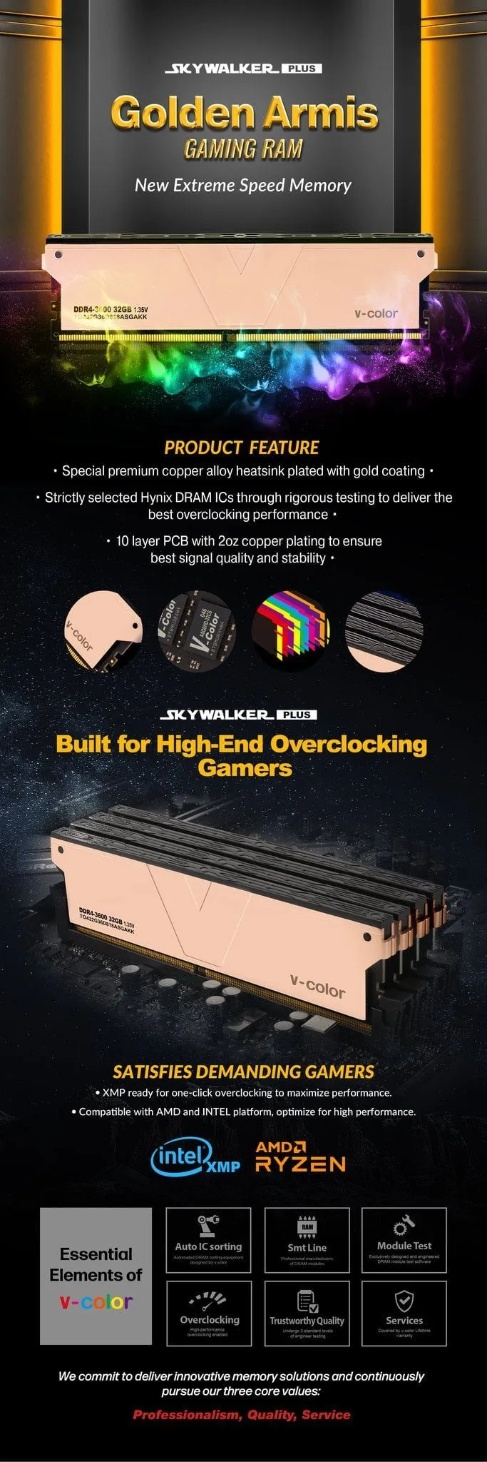 V-Color Golden Armis Skywalker Plus 64GB(32GBx2) DDR4 DRAM 3200MHz Overclocking Memory Kit