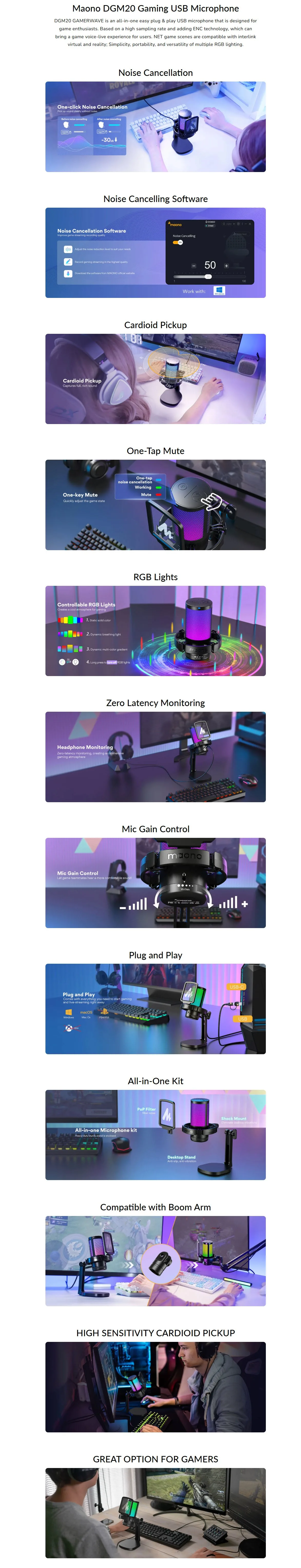Maono DGM20W USB Gaming Microphone for PC Noise Cancellation Condenser Mic with RGB Lights for Streaming Recording Podca