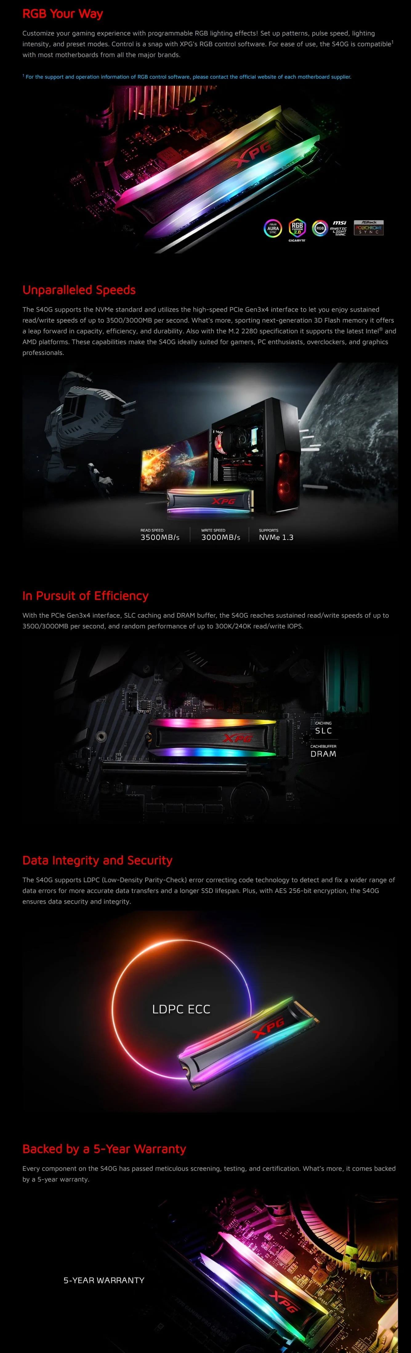 ADATA XPG Spectrix S40G 256GB RGB PCIE GEN3X4 M.2 2280 Solid State Drive