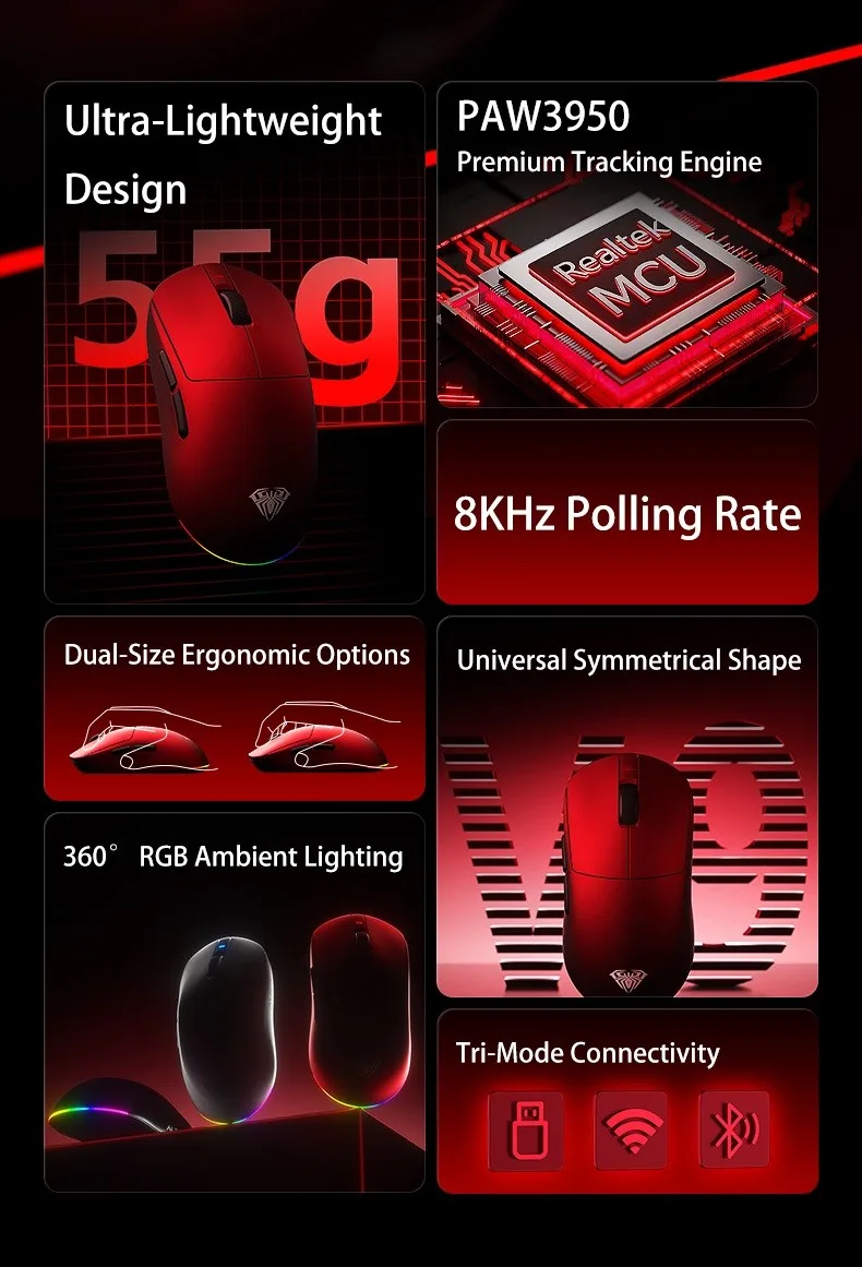 AULA V9 Pro Ultra-Lightweight Tri-Mode Wireless Gaming Mouse Black