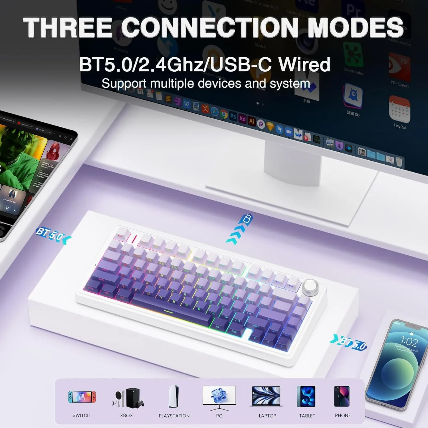 AULA F75 Gasket Wireless Mechanical Keyboard 75% Gasket Structure &amp; Hot-Swap Functionality Light Purple Beige Light 