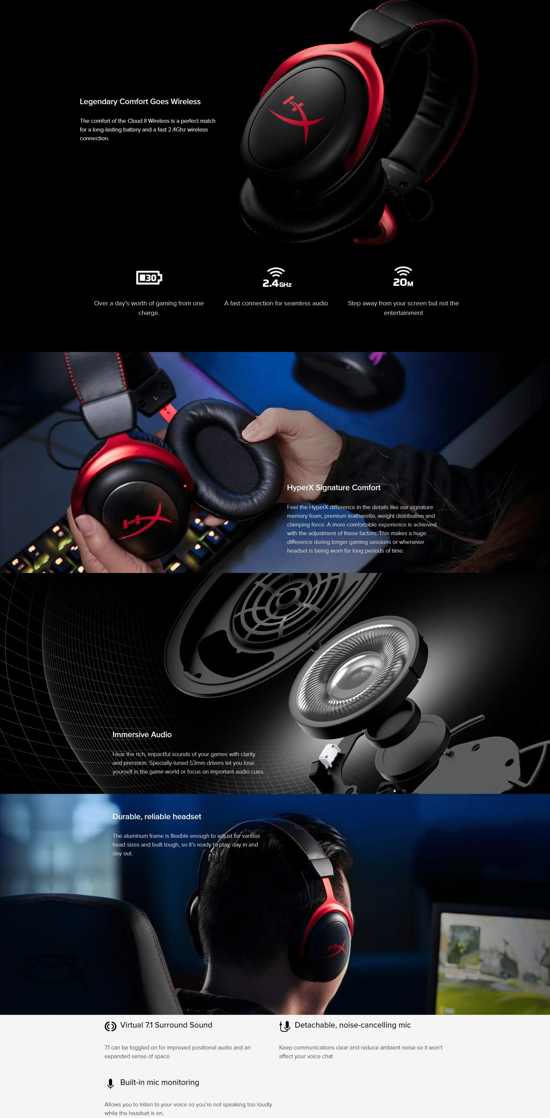 HyperX Cloud II Wireless - Gaming Headset for PC, PS4/PS5, Nintendo Switch, Long Lasting Battery Up to 30 Hours, 7.1 Sur