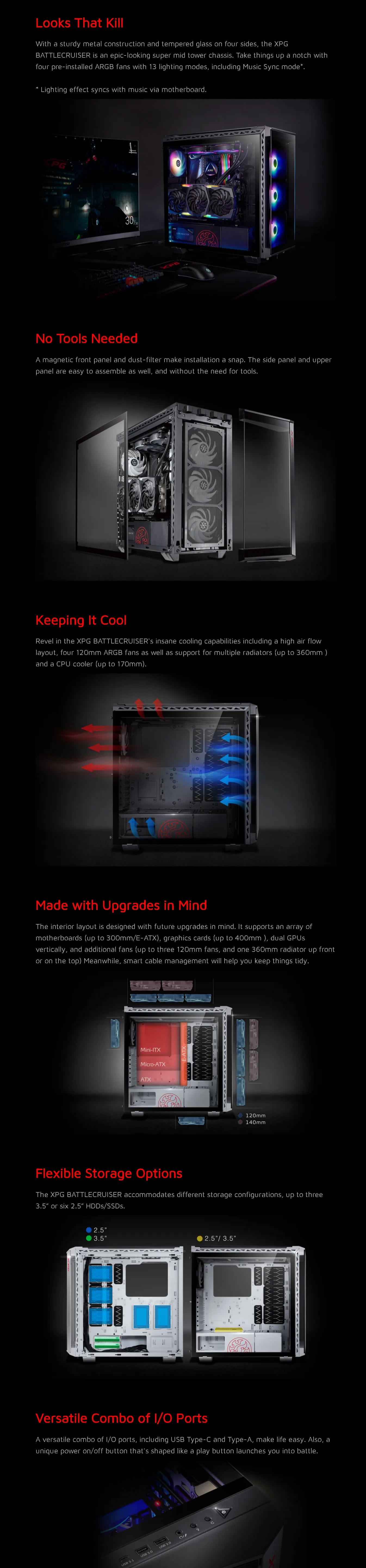 XPG Cruiser Mid-Tower 4 RGB Fans Tempered Glass Panel PC Case Black