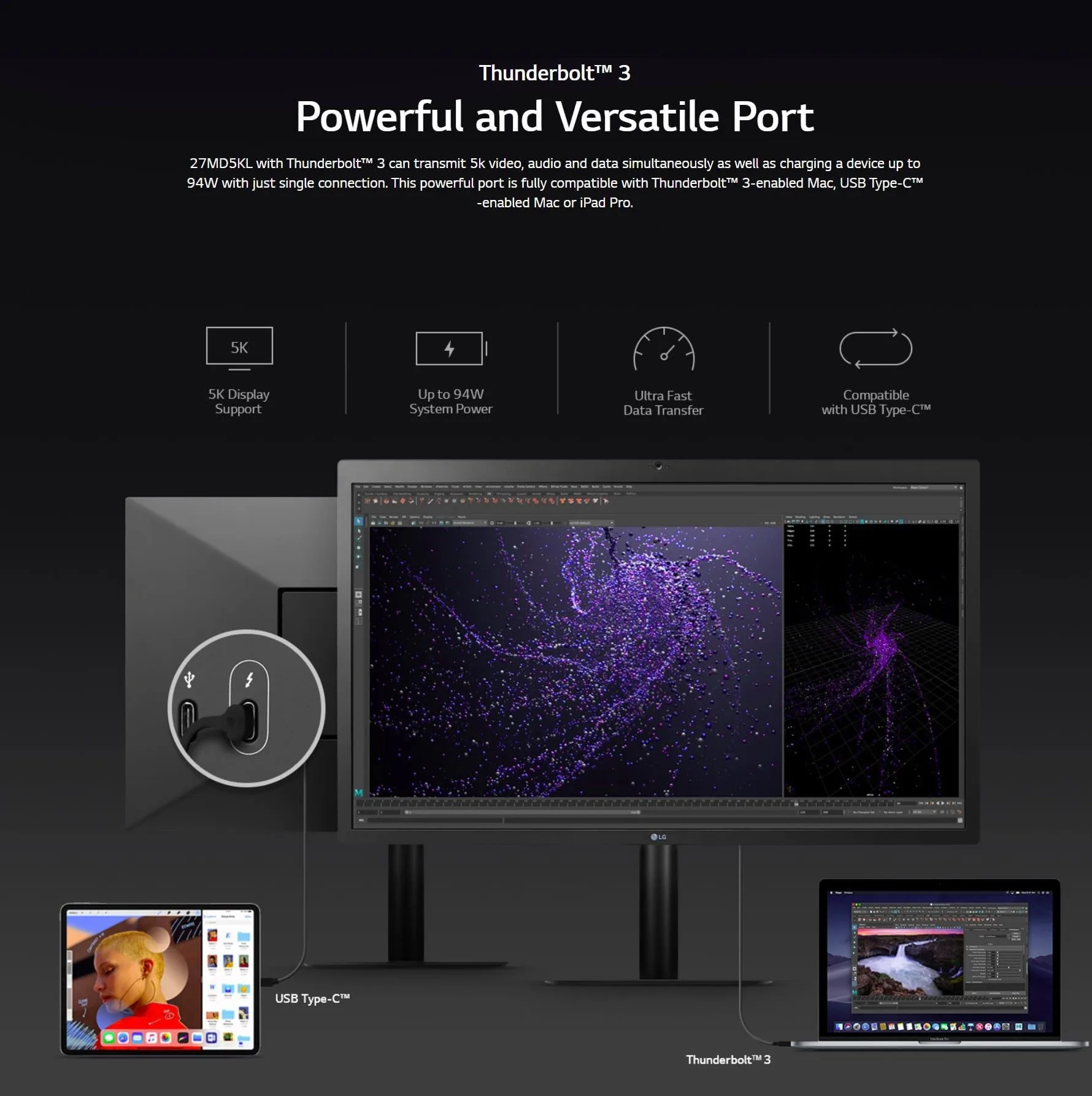 LG 27MD5KL-B 27 Inch UltraFine 5K (5120 x 2880) IPS Display with macOS Compatibility, DCI-P3 99% Color Gamut and Thunder