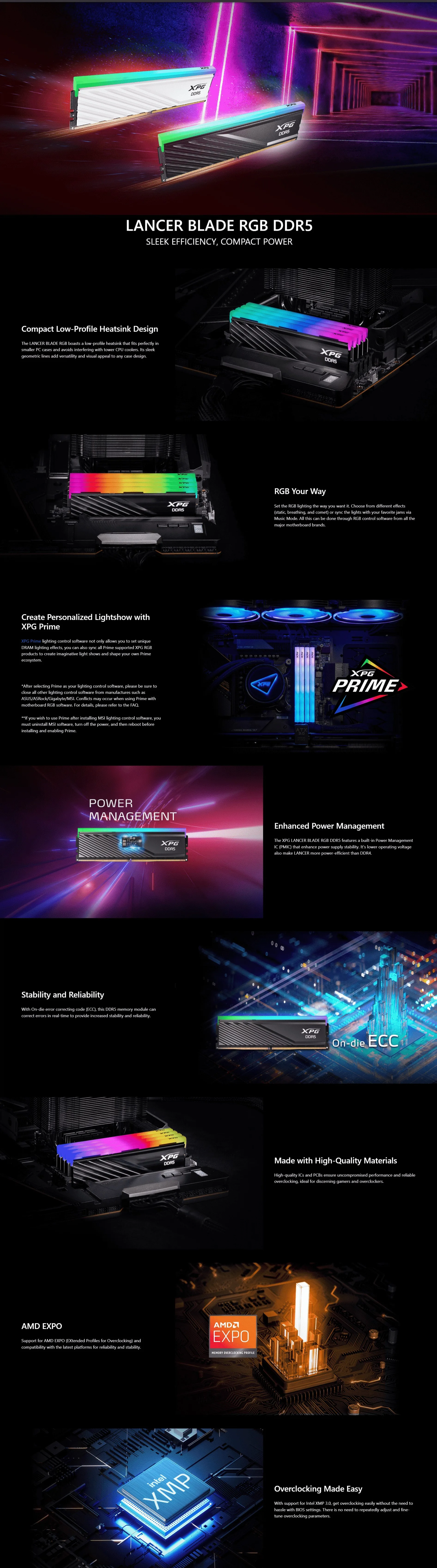 XPG Lancer Blade RGB DDR5 6000MHz CL30 64GB (2x32GB) PC5-48000 RAM 288-Pins UDIMM Desktop Memory Kit Black Heatsink