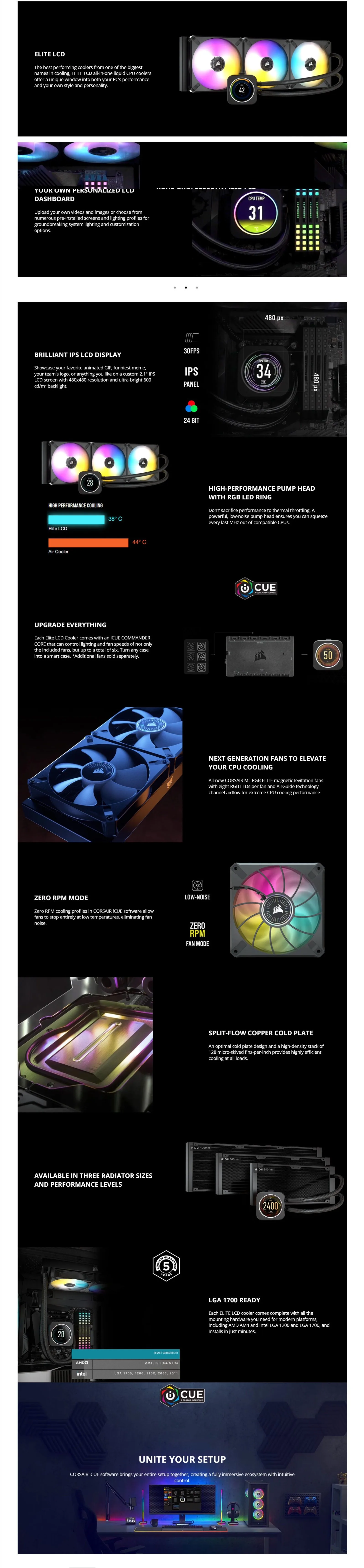 CORSAIR iCUE H100i ELITE LCD Display Liquid CPU Cooler 120mm Fans + 240mm Radiator Liquid Cooling System + Custom IPS LC