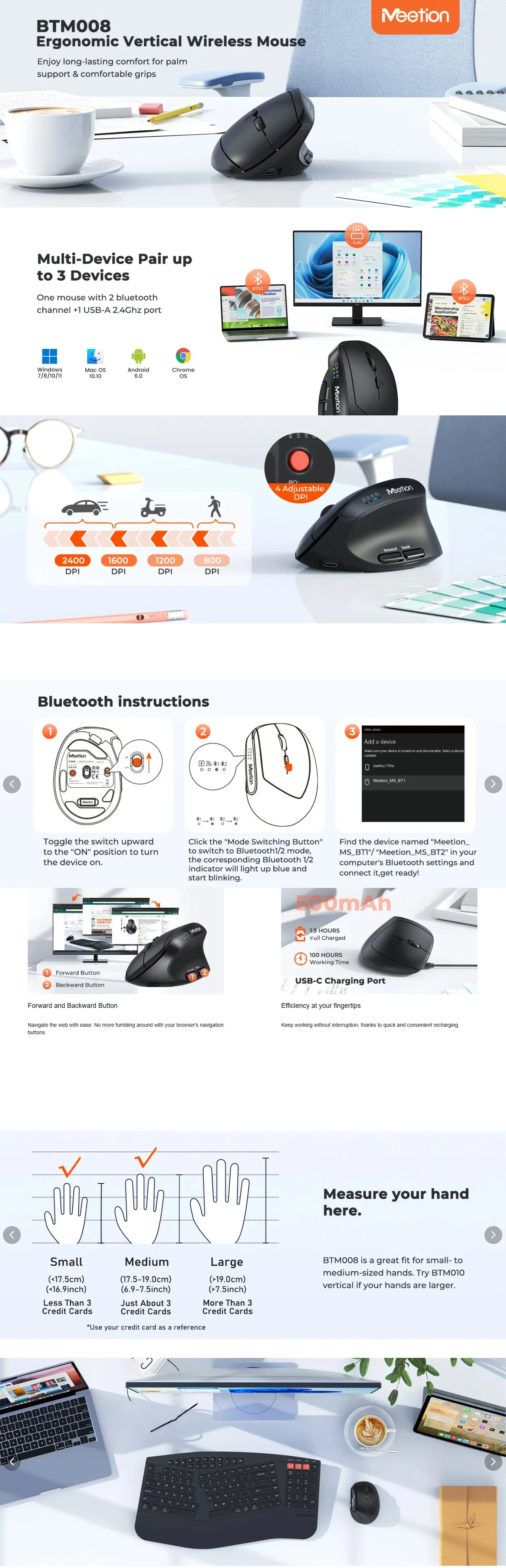 Meetion BTM008 Dual Mode Ergronomic Wireless Mouse - Black