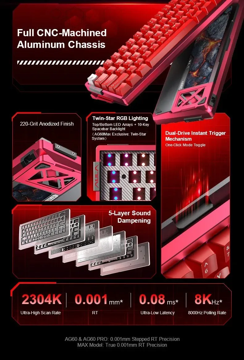 AULA AG60 MAX Wired Hall Effect Magnetic Gaming Keyboard Firefly Heat Sublimation Red - Frostcore Switches