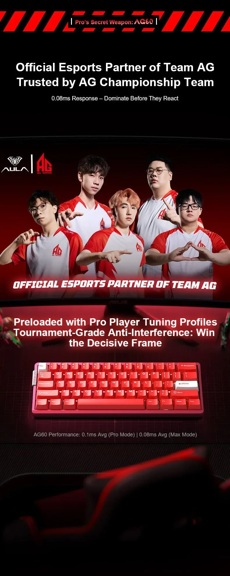 AULA AG60 MAX Wired Hall Effect Magnetic Gaming Keyboard Firefly Heat Sublimation Red - Frostcore Switches
