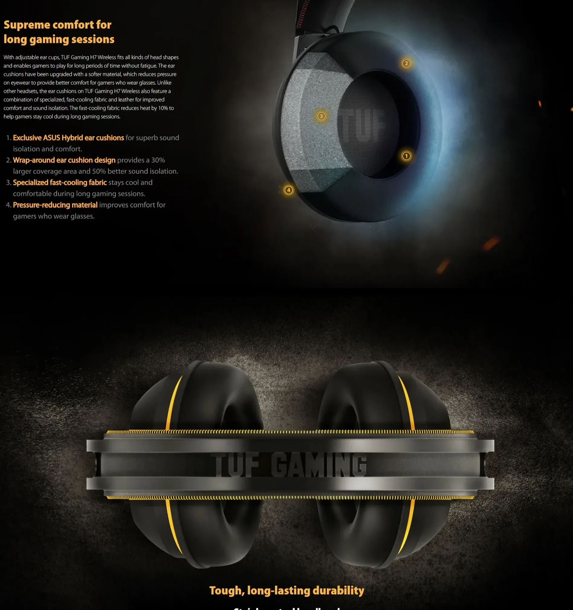 ASUS TUF Gaming H7 Wireless Gaming Headset for PC, Mac and PlayStation®4 with 2.4GHz Wireless Connection - spec 4 - MegaComputer.pk