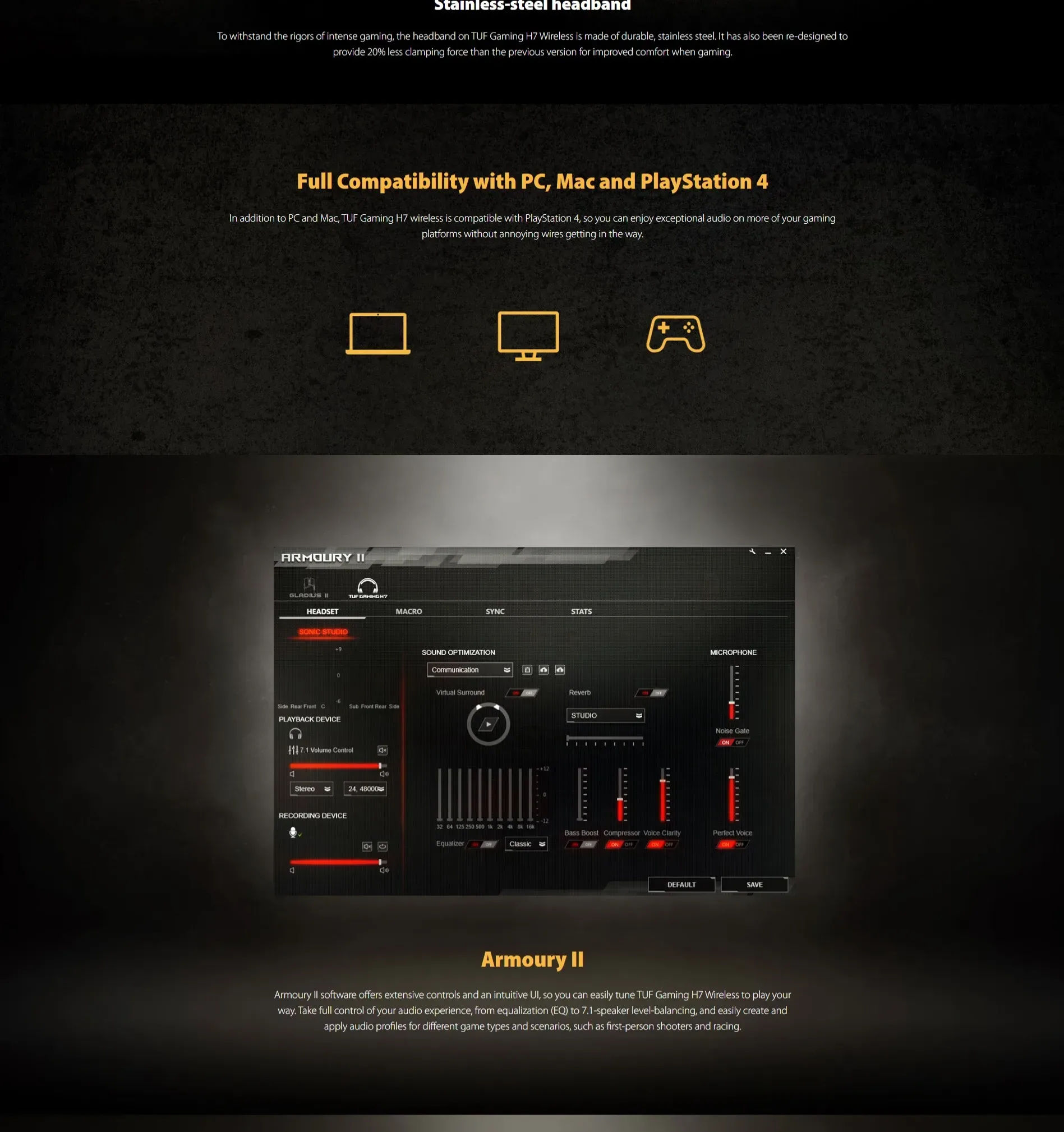 ASUS TUF Gaming H7 Wireless Gaming Headset for PC, Mac and PlayStation®4 with 2.4GHz Wireless Connection - spec 5 - MegaComputer.pk